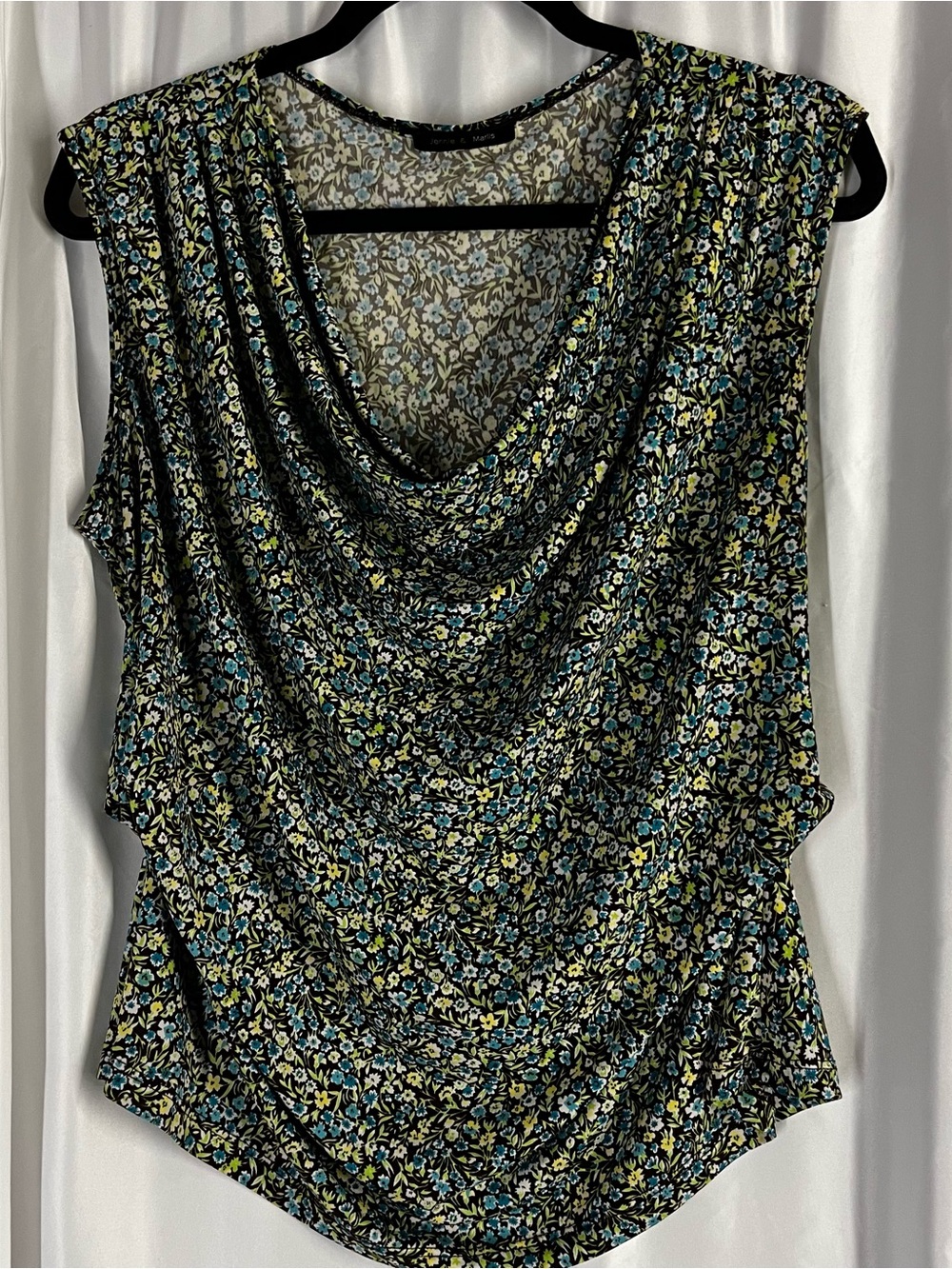 Draped Sleeveless Floral Blouse - Black with Blue & Yellow Floral